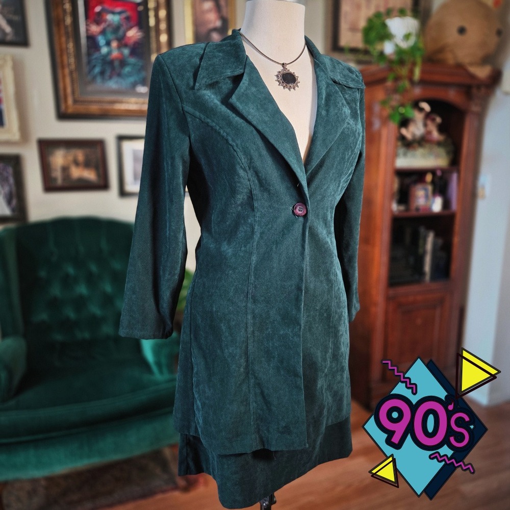 Splurge by ISB Skirt Suit Vintage 90s Dark Green Faux Suede Blazer Set Medium